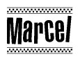 The image contains the text Marcel in a bold, stylized font, with a checkered flag pattern bordering the top and bottom of the text.
