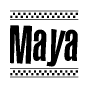 The clipart image displays the text Maya in a bold, stylized font. It is enclosed in a rectangular border with a checkerboard pattern running below and above the text, similar to a finish line in racing. 