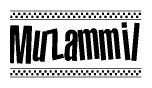 The image is a black and white clipart of the text Muzammil in a bold, italicized font. The text is bordered by a dotted line on the top and bottom, and there are checkered flags positioned at both ends of the text, usually associated with racing or finishing lines.