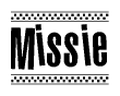 The image is a black and white clipart of the text Missie in a bold, italicized font. The text is bordered by a dotted line on the top and bottom, and there are checkered flags positioned at both ends of the text, usually associated with racing or finishing lines.