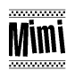 The image contains the text Mimi in a bold, stylized font, with a checkered flag pattern bordering the top and bottom of the text.