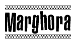 The image contains the text Marghora in a bold, stylized font, with a checkered flag pattern bordering the top and bottom of the text.
