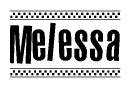 The image is a black and white clipart of the text Melessa in a bold, italicized font. The text is bordered by a dotted line on the top and bottom, and there are checkered flags positioned at both ends of the text, usually associated with racing or finishing lines.