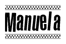 The clipart image displays the text Manuela in a bold, stylized font. It is enclosed in a rectangular border with a checkerboard pattern running below and above the text, similar to a finish line in racing. 