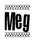 The clipart image displays the text Meg in a bold, stylized font. It is enclosed in a rectangular border with a checkerboard pattern running below and above the text, similar to a finish line in racing. 