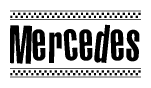 The clipart image displays the text Mercedes in a bold, stylized font. It is enclosed in a rectangular border with a checkerboard pattern running below and above the text, similar to a finish line in racing. 