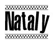 The image is a black and white clipart of the text Nataly in a bold, italicized font. The text is bordered by a dotted line on the top and bottom, and there are checkered flags positioned at both ends of the text, usually associated with racing or finishing lines.