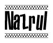 The image is a black and white clipart of the text Nazrul in a bold, italicized font. The text is bordered by a dotted line on the top and bottom, and there are checkered flags positioned at both ends of the text, usually associated with racing or finishing lines.