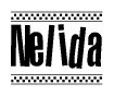 The image is a black and white clipart of the text Nelida in a bold, italicized font. The text is bordered by a dotted line on the top and bottom, and there are checkered flags positioned at both ends of the text, usually associated with racing or finishing lines.