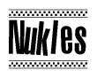 The image is a black and white clipart of the text Nukles in a bold, italicized font. The text is bordered by a dotted line on the top and bottom, and there are checkered flags positioned at both ends of the text, usually associated with racing or finishing lines.