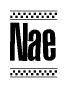 The image is a black and white clipart of the text Nae in a bold, italicized font. The text is bordered by a dotted line on the top and bottom, and there are checkered flags positioned at both ends of the text, usually associated with racing or finishing lines.