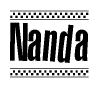 The image is a black and white clipart of the text Nanda in a bold, italicized font. The text is bordered by a dotted line on the top and bottom, and there are checkered flags positioned at both ends of the text, usually associated with racing or finishing lines.