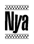 The image is a black and white clipart of the text Nya in a bold, italicized font. The text is bordered by a dotted line on the top and bottom, and there are checkered flags positioned at both ends of the text, usually associated with racing or finishing lines.