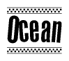 The image is a black and white clipart of the text Ocean in a bold, italicized font. The text is bordered by a dotted line on the top and bottom, and there are checkered flags positioned at both ends of the text, usually associated with racing or finishing lines.