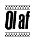 The image contains the text Olaf in a bold, stylized font, with a checkered flag pattern bordering the top and bottom of the text.