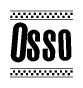 The image is a black and white clipart of the text Osso in a bold, italicized font. The text is bordered by a dotted line on the top and bottom, and there are checkered flags positioned at both ends of the text, usually associated with racing or finishing lines.