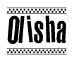 The image is a black and white clipart of the text Olisha in a bold, italicized font. The text is bordered by a dotted line on the top and bottom, and there are checkered flags positioned at both ends of the text, usually associated with racing or finishing lines.