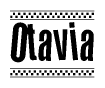 The image is a black and white clipart of the text Otavia in a bold, italicized font. The text is bordered by a dotted line on the top and bottom, and there are checkered flags positioned at both ends of the text, usually associated with racing or finishing lines.