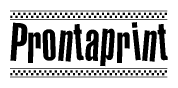 The clipart image displays the text Prontaprint in a bold, stylized font. It is enclosed in a rectangular border with a checkerboard pattern running below and above the text, similar to a finish line in racing. 