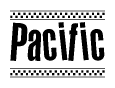 The clipart image displays the text Pacific in a bold, stylized font. It is enclosed in a rectangular border with a checkerboard pattern running below and above the text, similar to a finish line in racing. 