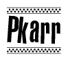 The image is a black and white clipart of the text Pkarr in a bold, italicized font. The text is bordered by a dotted line on the top and bottom, and there are checkered flags positioned at both ends of the text, usually associated with racing or finishing lines.