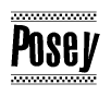 The image contains the text Posey in a bold, stylized font, with a checkered flag pattern bordering the top and bottom of the text.