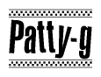 The image is a black and white clipart of the text Patty-g in a bold, italicized font. The text is bordered by a dotted line on the top and bottom, and there are checkered flags positioned at both ends of the text, usually associated with racing or finishing lines.