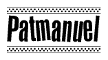 The image is a black and white clipart of the text Patmanuel in a bold, italicized font. The text is bordered by a dotted line on the top and bottom, and there are checkered flags positioned at both ends of the text, usually associated with racing or finishing lines.