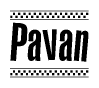 The image is a black and white clipart of the text Pavan in a bold, italicized font. The text is bordered by a dotted line on the top and bottom, and there are checkered flags positioned at both ends of the text, usually associated with racing or finishing lines.