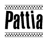 The image is a black and white clipart of the text Pattia in a bold, italicized font. The text is bordered by a dotted line on the top and bottom, and there are checkered flags positioned at both ends of the text, usually associated with racing or finishing lines.