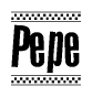 The image is a black and white clipart of the text Pepe in a bold, italicized font. The text is bordered by a dotted line on the top and bottom, and there are checkered flags positioned at both ends of the text, usually associated with racing or finishing lines.
