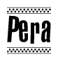 The image is a black and white clipart of the text Pera in a bold, italicized font. The text is bordered by a dotted line on the top and bottom, and there are checkered flags positioned at both ends of the text, usually associated with racing or finishing lines.