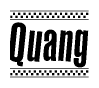 The image is a black and white clipart of the text Quang in a bold, italicized font. The text is bordered by a dotted line on the top and bottom, and there are checkered flags positioned at both ends of the text, usually associated with racing or finishing lines.
