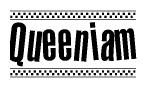 The image contains the text Queeniam in a bold, stylized font, with a checkered flag pattern bordering the top and bottom of the text.