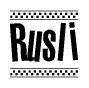 The clipart image displays the text Rusli in a bold, stylized font. It is enclosed in a rectangular border with a checkerboard pattern running below and above the text, similar to a finish line in racing. 