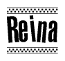 The clipart image displays the text Reina in a bold, stylized font. It is enclosed in a rectangular border with a checkerboard pattern running below and above the text, similar to a finish line in racing. 
