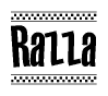 The image is a black and white clipart of the text Razza in a bold, italicized font. The text is bordered by a dotted line on the top and bottom, and there are checkered flags positioned at both ends of the text, usually associated with racing or finishing lines.