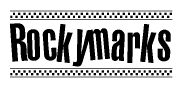 The image is a black and white clipart of the text Rockymarks in a bold, italicized font. The text is bordered by a dotted line on the top and bottom, and there are checkered flags positioned at both ends of the text, usually associated with racing or finishing lines.