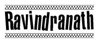 The image is a black and white clipart of the text Ravindranath in a bold, italicized font. The text is bordered by a dotted line on the top and bottom, and there are checkered flags positioned at both ends of the text, usually associated with racing or finishing lines.
