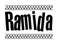 The clipart image displays the text Ramida in a bold, stylized font. It is enclosed in a rectangular border with a checkerboard pattern running below and above the text, similar to a finish line in racing. 