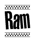 The clipart image displays the text Ram in a bold, stylized font. It is enclosed in a rectangular border with a checkerboard pattern running below and above the text, similar to a finish line in racing. 