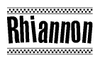 The image is a black and white clipart of the text Rhiannon in a bold, italicized font. The text is bordered by a dotted line on the top and bottom, and there are checkered flags positioned at both ends of the text, usually associated with racing or finishing lines.