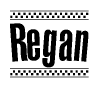The image is a black and white clipart of the text Regan in a bold, italicized font. The text is bordered by a dotted line on the top and bottom, and there are checkered flags positioned at both ends of the text, usually associated with racing or finishing lines.