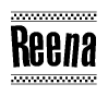 The image contains the text Reena in a bold, stylized font, with a checkered flag pattern bordering the top and bottom of the text.
