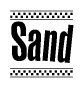 The clipart image displays the text Sand in a bold, stylized font. It is enclosed in a rectangular border with a checkerboard pattern running below and above the text, similar to a finish line in racing. 