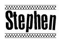 The image is a black and white clipart of the text Stephen in a bold, italicized font. The text is bordered by a dotted line on the top and bottom, and there are checkered flags positioned at both ends of the text, usually associated with racing or finishing lines.