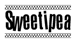 The image contains the text Sweetipea in a bold, stylized font, with a checkered flag pattern bordering the top and bottom of the text.