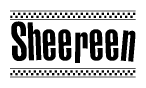 The clipart image displays the text Sheereen in a bold, stylized font. It is enclosed in a rectangular border with a checkerboard pattern running below and above the text, similar to a finish line in racing. 