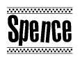 The image is a black and white clipart of the text Spence in a bold, italicized font. The text is bordered by a dotted line on the top and bottom, and there are checkered flags positioned at both ends of the text, usually associated with racing or finishing lines.
