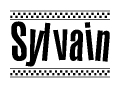 The image is a black and white clipart of the text Sylvain in a bold, italicized font. The text is bordered by a dotted line on the top and bottom, and there are checkered flags positioned at both ends of the text, usually associated with racing or finishing lines.